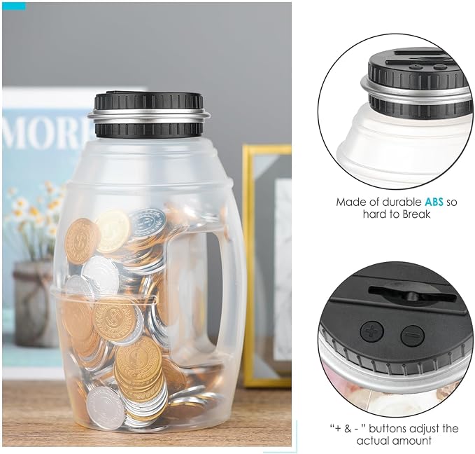 Large Digital Coin Bank for Kids and Adults - LCD Counter, 2.8L Capacity for US Coins (Silver)