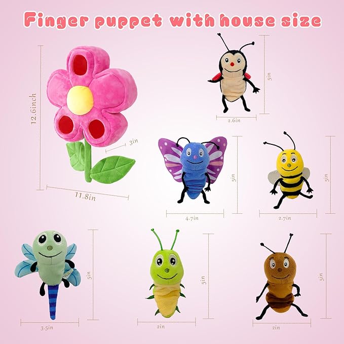 6pcs Insect Finger Puppets Bringing a Flowers House, Novelty Animals Toys Puppet for Kids, Storytelling Role-Playing Plush Finger Puppets Gifts for Boys and Girls
