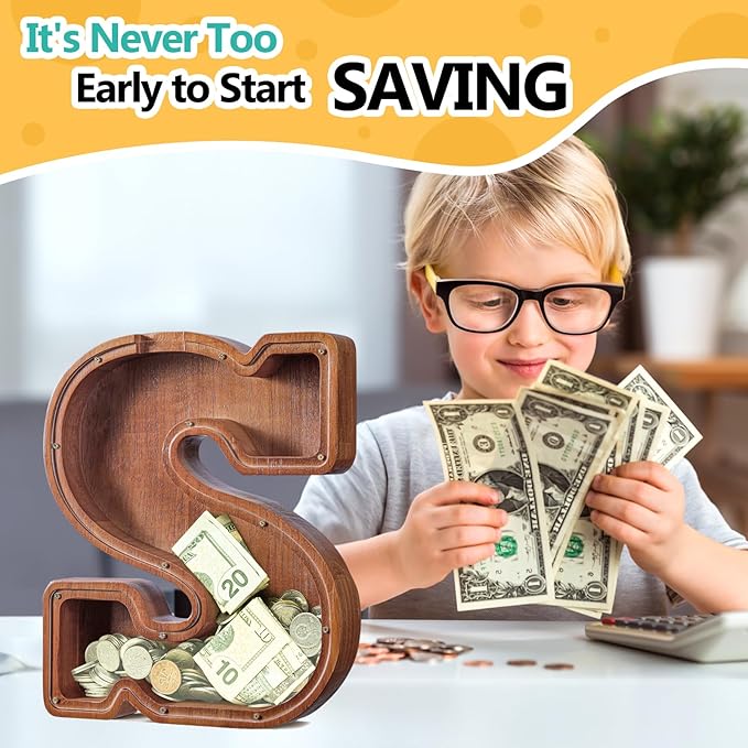 Summidate Customized Name Extra Large Wooden Piggy Bank for Kids Boys Girls Letter A-Z Coins Bills Money Change Bank Box Initial on Clear Cover (Laser Engraved) Educational Toys 12"- Letter S