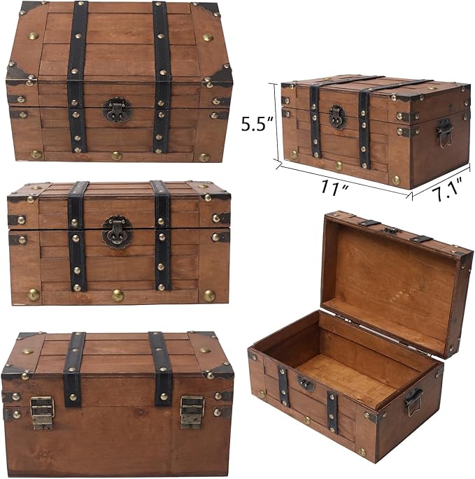 Deluxe Wooden Treasure Chest - 11" x 7.1" x 5.5", Elegant Storage Box with Sturdy Hinged Lid, Vintage-Inspired Decorative Trunk for Keepsakes, Brown