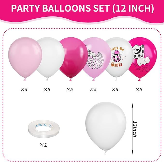 FEYG Cowgirl Balloons, 12 Inch Western Cowgirl Party Decorations Hot Pink Pastel Pink White Cow Party Balloons Cowgirl Print Balloons for Baby Shower Birthday Cowgirl Theme Party Supplies