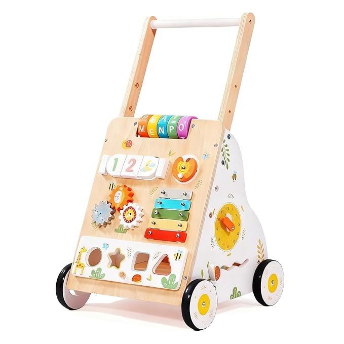 Wooden Baby Walker Push Toy for Infants 1-3 Years Learning to Walk, Adjustable Speed Activity Walker with Montessori Toys, First Birthday Gift for Boys & Girls