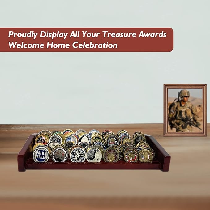 8 Rows Military Challenge Coin Display Stand - Holds 60-70 Coins, Solid Wood Army Police Coin Rack Display Holder for Desktop, Mahogany