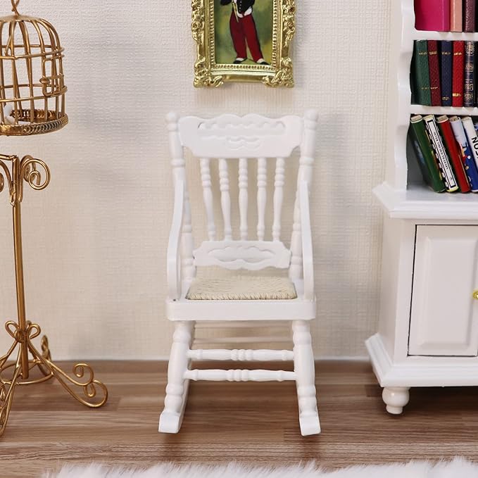 Dollhouse Miniature Rocking Chair 1:12 Scale Wooden Furniture Accessories Tiny Mini House Home Outdoor Cake Topper Decoration Model Living Room Scene Christmas Craft Displays (White)