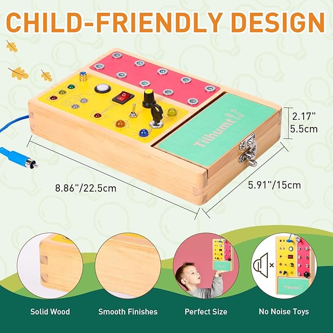Tilhumt Busy Board with LED Light, 2-in-1 Montessori Screwdriver Board Set with 6 LED Light Switches, Toddler Montessori Switch Fidget Board with Lockable Toolbox, Travel Activity Toys for Outdoor