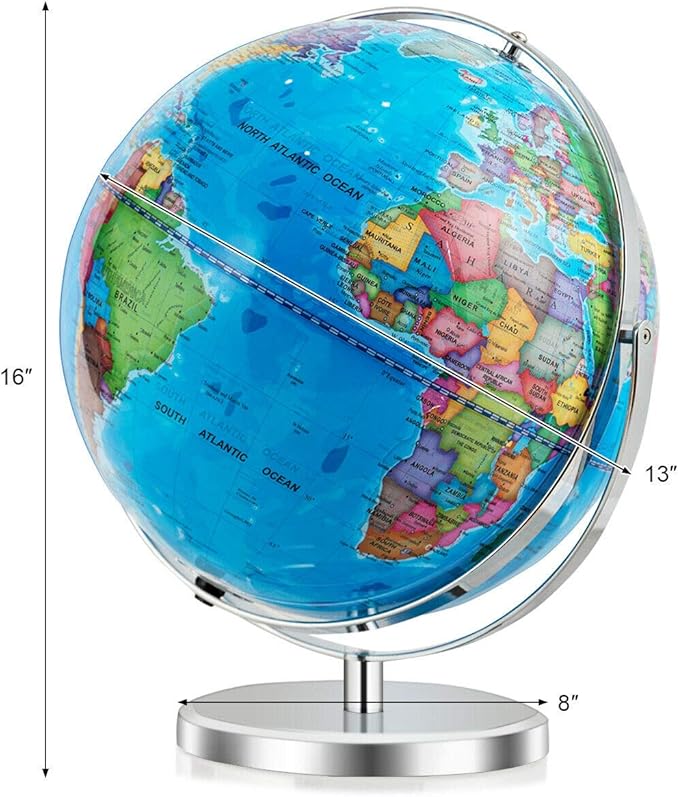 Goplus 13" Large World Globe with Stand, 720° Rotating Illuminated Globe with LED Lights, Metal Base, Desktop Educational Geographic Globe for Learning, Classroom, Office