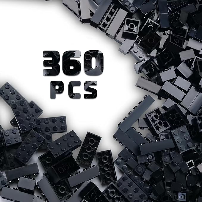 360 Piece Black Classic Building Blocks Bulk, 7 Sizes Building Bricks Assortment Pack, Compatible with Lego Parts and Pieces (Black)