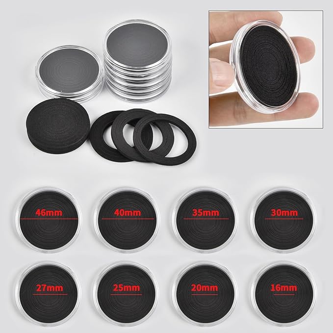 168 Pcs 46mm Coin Capsules Case with Foam Gasket and Plastic Storage Organizer, Coin Holder for Collectors, 8 Sizes (16 20 25 27 30 35 40 46mm). Coin box for Coin Collection Supplies Only-Black Gasket