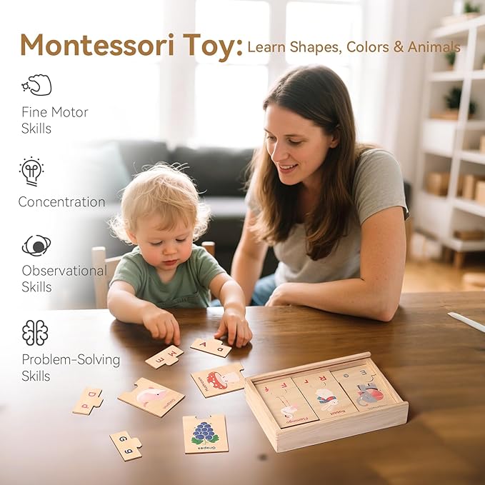 Wooden Puzzles Toddler Toys Gifts for 3 Year Old Boys Girls, Animal Jigsaw Puzzles Montessori Toys Preschool Learning Activities, Gift for Girls Boys (Animal Letters)