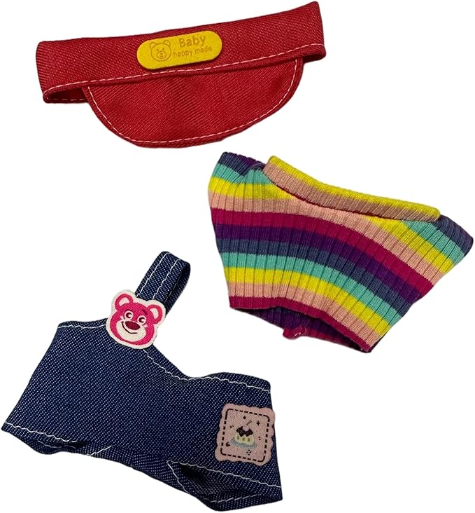 Doll Clothes for 17cm Figures, Rainbow-Striped Knit Top with One-Shoulder Denim Overalls and Red Cap