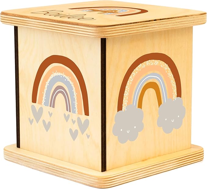 Wooden Piggy Bank for Kids and Adults, Personalized Gift Handmade in USA by BloomOwl, Custom Piggy Bank, Personalized Banks for Kids, Gifts for Baby Boys and Girls (Rainbow)
