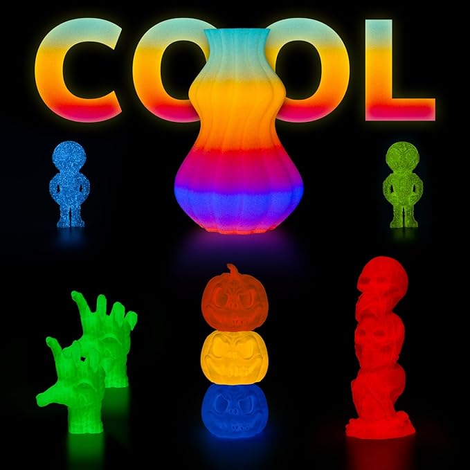 AMOLEN 3D PLA Glow in The Dark Filament 1.75mm, Glow Rainbow 10M Purple, Red, Orange, Blue, 3D Printing PLA Filament 1.75mm, Best with UV Lamps, 1KG Spool (2.2lbs), Dimensional Accuracy +/- 0.02 mm