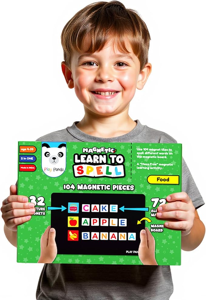 Magnetic Educational Toys for Kids Aged 3 4 5 6 – Learn to Spell Foods| 104 Magnet Pieces – 32 Picture & 72 Letter with Magnetic Board & Spelling Game Guide | Preschool Learning Toy for Girls & Boys