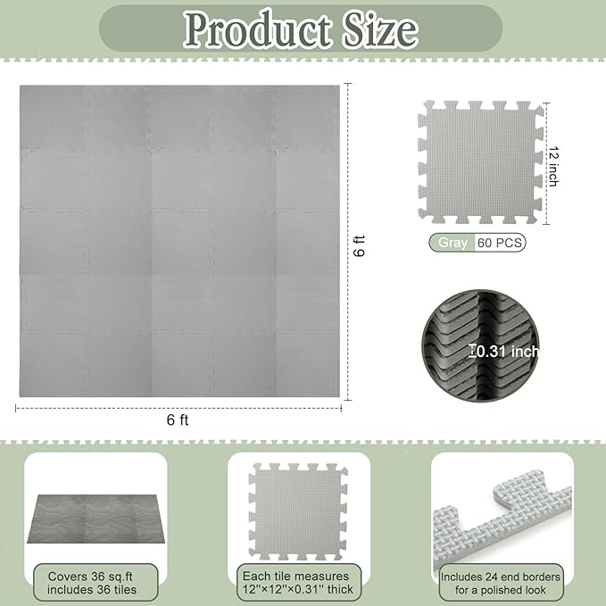 Nuanchu 60 Pcs Kids Foam Puzzle Floor Mat Bulk Solid Color Foam Play Mat with Borders Interlocking Multi Use Floor Rug for Baby Toddler Children Crawling Exercise Playroom 12 inch (Gray)