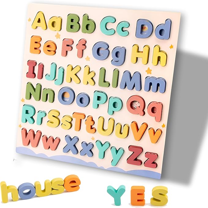 Wooden Alphabet Puzzle for Toddlers - Upper and Lower Case Letters - Safe and Educational Learning Toy