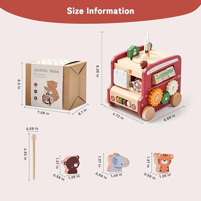 Wooden Activity Cube 8-in-1 Montessori Toys | Multifunctional Early Educational Learning Toys | Wooden Toy for Baby Shape Sorter Xylophone Animal Travel Bus Boy Girl Birthday Gift（Red Bus）