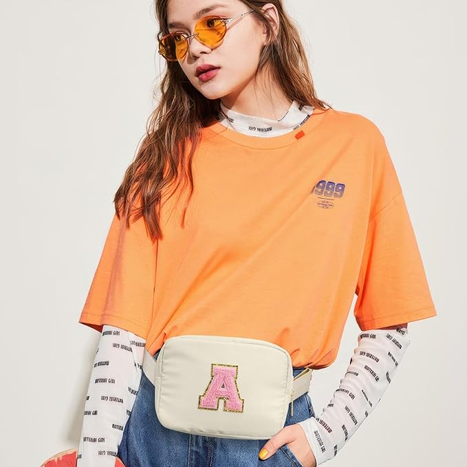 YOOLIFE Initial Crossbody Bags for Teen Girls - Belt Bag Fanny Packs for Girls Sling Bag, White Small Waist Packs Birthday Gifts Travel Accessories Monogrammed Gifts I