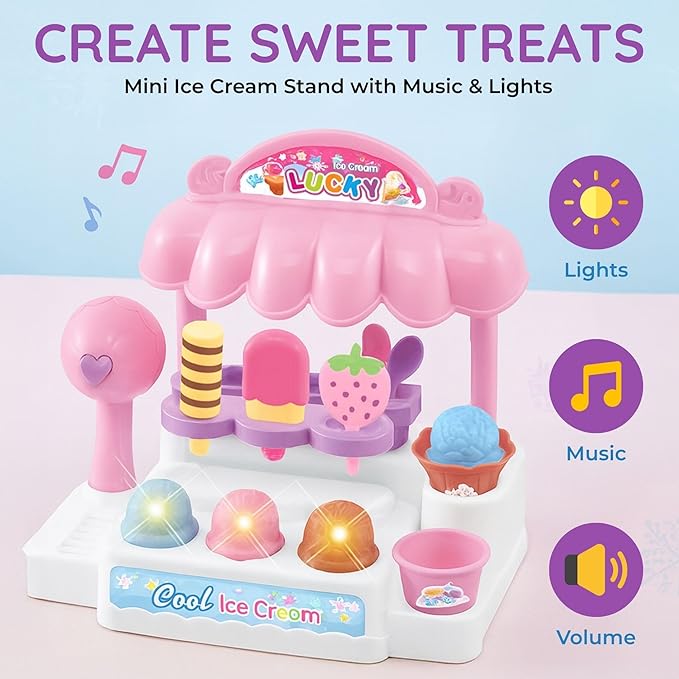 Ice Cream Store Mini Cash Register with Pretend Play Desserts, Working Scanner, Calculator, Microphone, Money and Credit Card