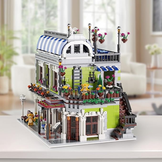 Romantic Restaurant Building Toys, Flowers City Hotel House Building Kit with Bear Mini Bricks, City Street House Construction Toys, 2107Pcs Mini Bricks