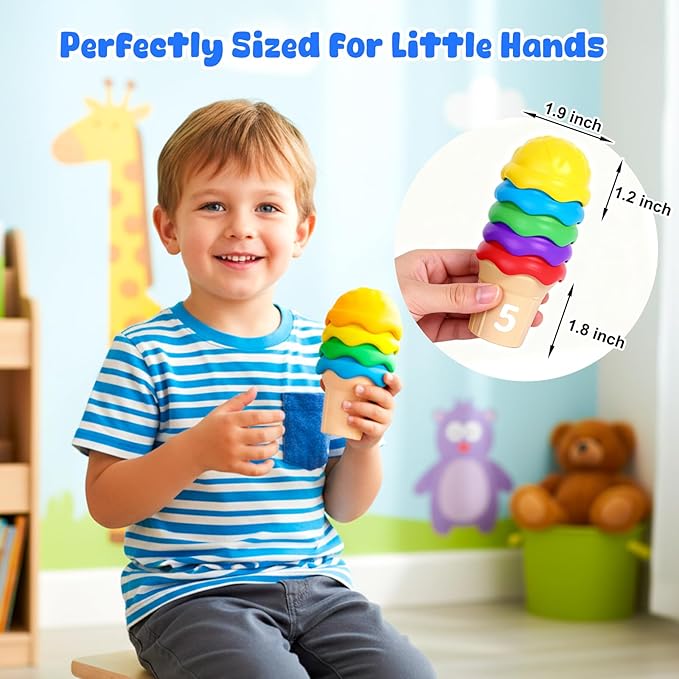 NEOROD Rainbow Ice Cream Counting Toy & Color Recognition Stacker，Sensory Math Manipulatives for Toddler Preschool Learning Activities, Fine Motor Skills Toy,Set of 42 Scoops，6 Cones, a Container.