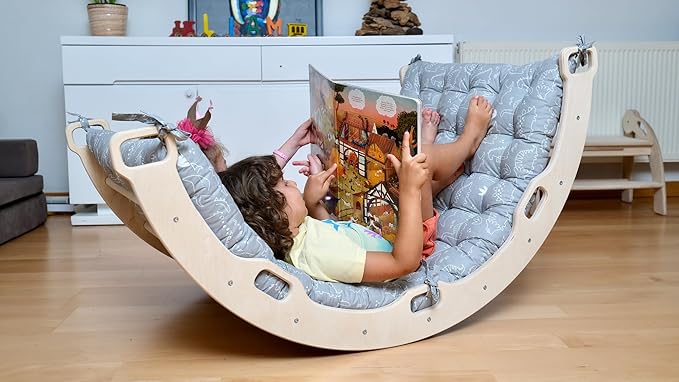 Climbing Arch | Montessori Rocker Arch | Arch with Cosy Pillow | Wooden Climbing Arch with Cushion | Wooden Climbing Arch and Rocker | Indoor Playground Cosy Cushion Rocker (Dino)