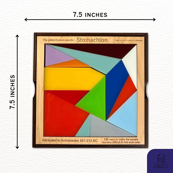 Stomachion Puzzle by Creative Crafthouse – 14 Piece Classic Brain Teaser for Teens and Adults with 536 Different Solutions - Handmade Puzzle Featuring Multi Colored Acrylic Puzzle Pieces