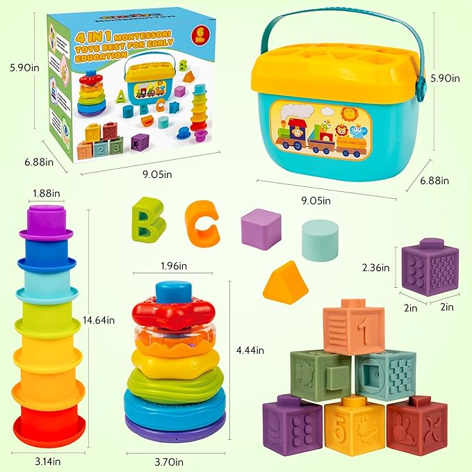 Montessori Baby Toys for Ages 6–18 Months with Sensory Shape Sorter Matching Game Toy Stacking Ring Soft Building Blocks Developmental Learning Toys for Toddlers 1+ Year Old