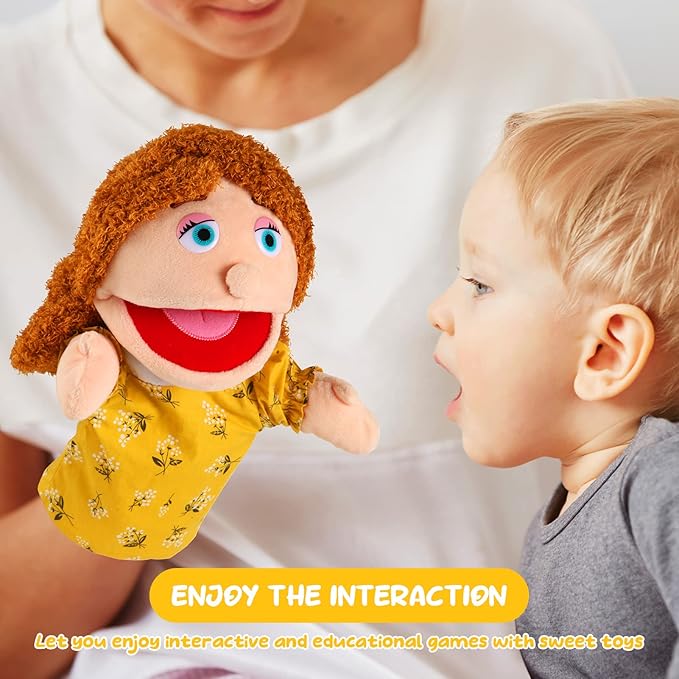 1 Pcs Family Hand Puppets 12 Inch Grandparents, Mom & Dad, Brother & Sister Plush Hand Puppet Toys Role-Play Toy Puppets for Kids Storytelling Imaginative Pretend Play Teaching Preschool(Mom)