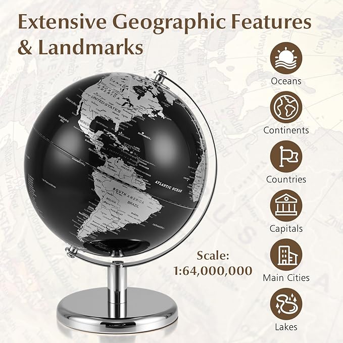8" World Globe, Black Earth Globe with Silver Accents, Metal Stand, Non-slip Base & Time Zone, Decorative Tabletop Desk Globes for Classroom, Office & Home