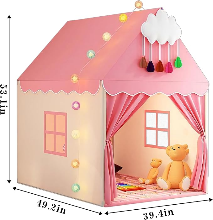 Pink Kids Play Tent with Mat, Cloud and Ball Lights Large Playhouse for Children and Girls Princess Castle Tent for Bed- Indoor & Outdoor Toddler Camping Tent(Cloth Door & Metal Rack)