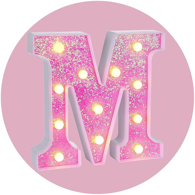 Foaky Pink Light up Letters，Pink Party Decorations,Girls Room Decor,Glitter Light Up Letters,Alphabet Letter Sign for Night Light Birthday Party Girls Gifts, Home Bar Decoration（M）