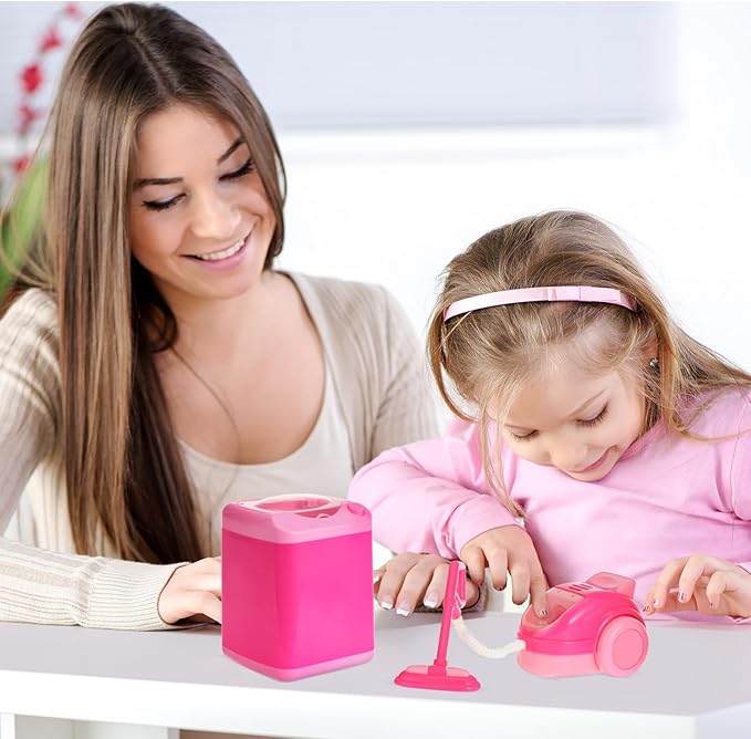 Toyvian Mini Kitchen Set with Realistic Working Toy Vacuum Cleaner and Washing Machine Kids Cleaning Toys for Pretend Play Ages 3-6