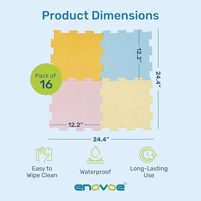 Enovoe Interlocking Foam Tiles – Baby Play Puzzle Pads for Toddlers – Soft 12"x12" Play Surface – Puzzle Piece Design – Safe and Cushioned Mat Set for Kids’ Activities and Floor Protection
