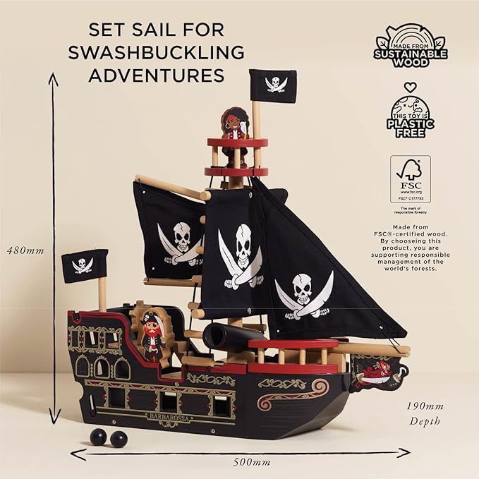 Le Toy Van Barbarossa Pirate Ship Set Premium Wooden Toys for Kids Ages 3 years & Up