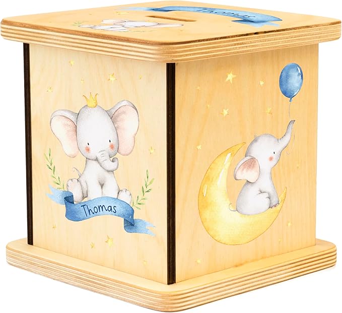 Wooden Piggy Bank for Kids and Adults, Personalized Gift Handmade in USA by BloomOwl, Custom Piggy Bank, Personalized Banks for Kids, Gifts for Baby Boys and Girls (Elephant- Blue)