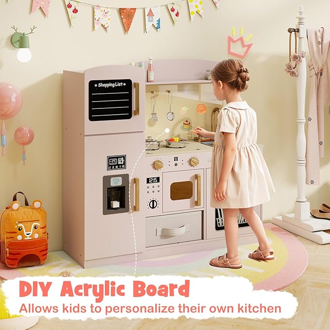 Costzon Kids Kitchen Playset, Wooden Pretend Play Kitchen w/Real Lights & Sounds, Chalkboard, Microwave, Ice Maker, Dishwasher, Sink, Cookware Accessories, Play Kitchen for Kids Ages 3+ (Pink)