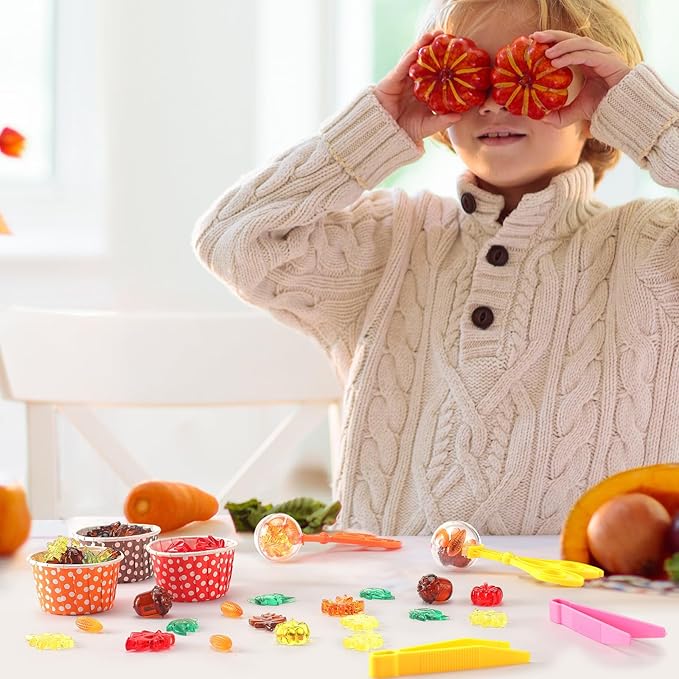 Jenaai 228 Pcs Sensory Bin Filler Fine Motor Skills Toys Counting Weight Sorting Toy Set with Acrylic Fall Leaves Pumpkin Tweezers Scissors Clips Cups and Storage Bag for Thanksgiving and Autumn Decor