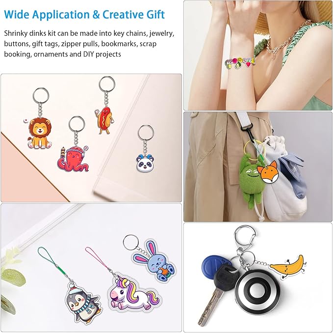 chfine Heat Shrink Plastic Sheets Keychain Kit, 200Pcs Shrinky Dink Sheets Kit Shrink Art Kits Including 20 Pcs Shrink Paper Sheets, Hole Punch, Pencils, Keychains, Tweezers, Scissors for Crafts