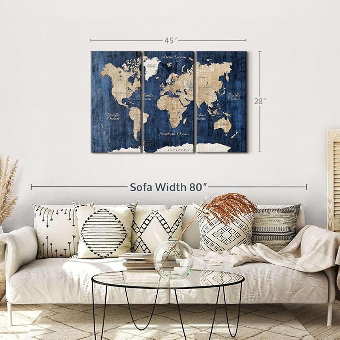 ElephantStock Aged Blue World Map II Canvas - 3 Panel Wall Decor - World Map Digital Art - Blue Wall Art - 45" X 28"