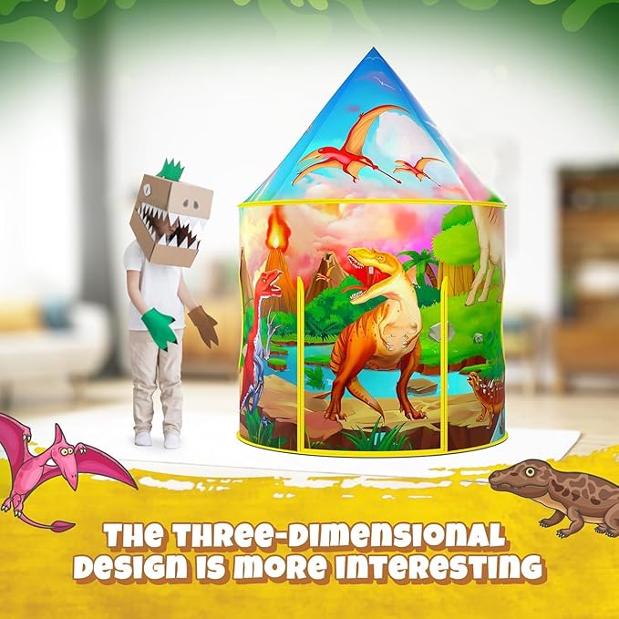 3PC Dinosaur Play Tents for Boys with Piano Mat, Kids Play Tent with Ball Pit, Crawl Tunnel, Castle Tent for Toddlers, Baby Dinosaur World Playhouse Toys