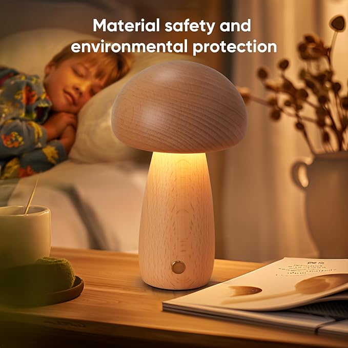 2 Pack Wooden Mushroom Lamp, Portable Cordless Touch Switch Small Rechargeable Battery Operated Lamp,Stepless Dimming,