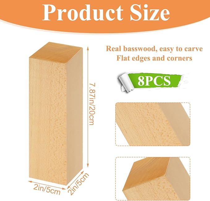 Acrux7 8 Pack 8 x 2 x 2 Inch Basswood Carving Blocks, Natural Unfinished Bass Wood Block for Carving, Whittling, Crafts, Beginner and Experts, Easy to Carve