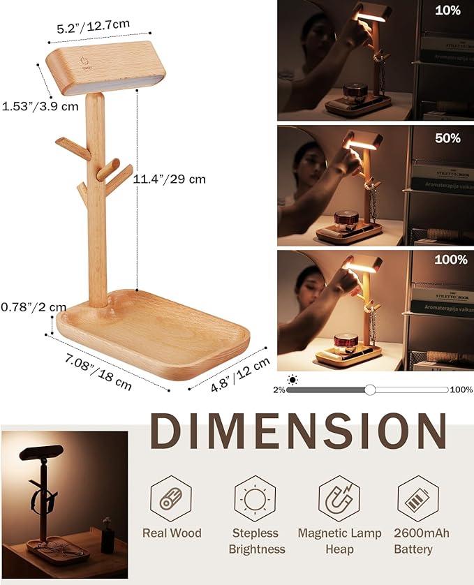 Wooden Table Lamp Tree Trunk Wood Column Rechargeable Led Desk Lamps Magnetic 360°Rotate Battery Powered Wall Night Lights for Bedside Living Edge Table (Beech)