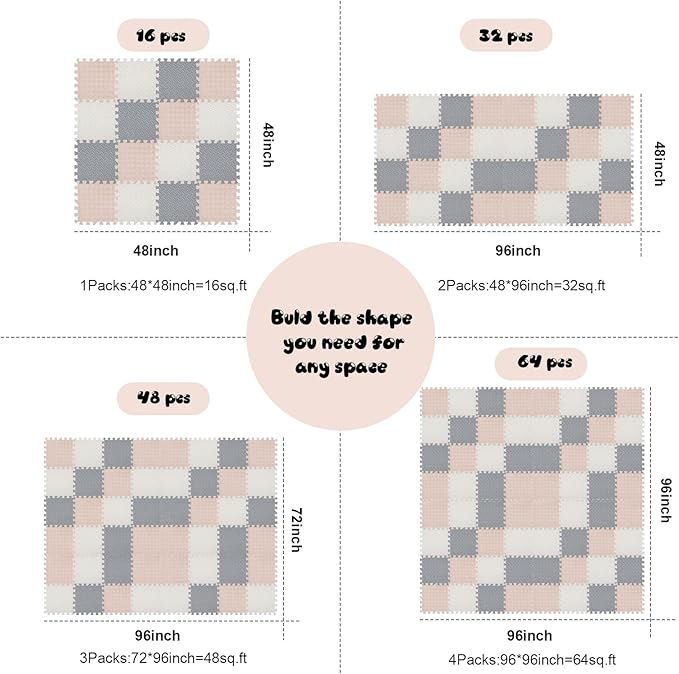 Shihanee Foam Floor Baby Tiles Foam Floor Mats Play Mats Bulk with Borders Interlocking for Kids Baby Playroom Nursery Gym (White, Beige, Gray,64ft)