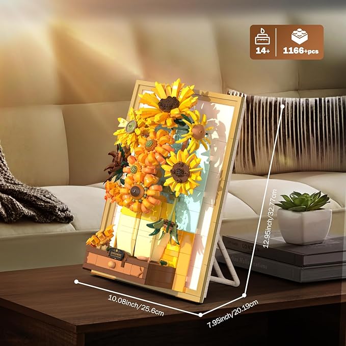 NUTCRACKER Sunflower Flower Building Set with Sensor Light, 3D Sunflower Van Gogh Painting Frame Wall Art Crafts for Home Office Decor, Easter Birthday Gift for Adult Girls 14+ (1166 Pieces)