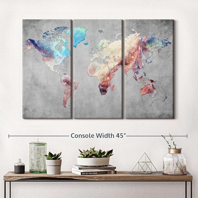 ElephantStock Artistic Touch World Map Multi Piece Canvas - 3 Panel Wall Decor - Map of the World Art - Canvas for the Office and Home - 38" X 24"