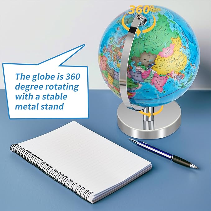 9'' Globe for Children World Globe with Stand Rewritable Easy-Read High Clear Map Earth Globes for Adults, Educational Interactive Globes for Kids Learning STEM Toy Present for 3+ Years Old
