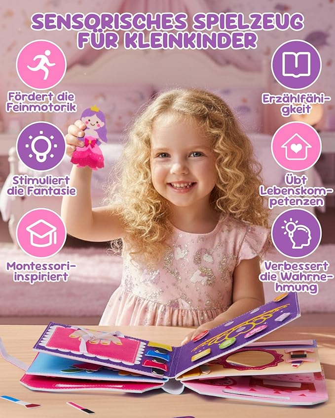 Princess Busy Board for Toddlers 2-4,Montessori Toys for 2 Year Old Girl,Educational Learning Sensory Activities Busy Book,Baby Travel Essentials for Airplane Car,Kid Birthday