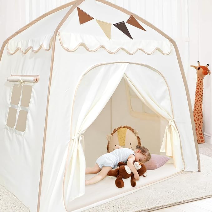 Toddler Bed Tent, Kids Play Tent with Flags, Star String, Portable Bed Canopy for Boys & Girls, Children, Indoor Outdoor Dome Playhouse, Cream, 51" x 39" x 51"