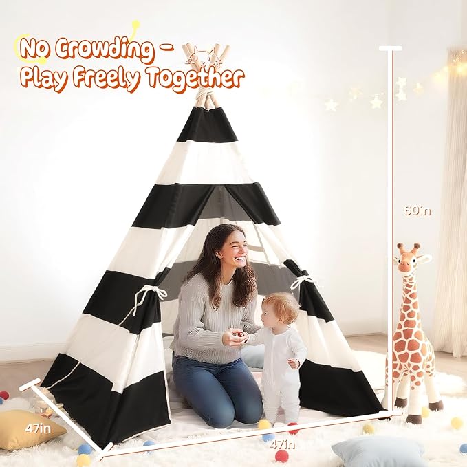 Teepee Tent for Kids with Padded Mat, Lights, and Carry Bag, Washable Playhouse for Indoor Use, Ideal Play Tent for Girls and Boys, Stripe Black